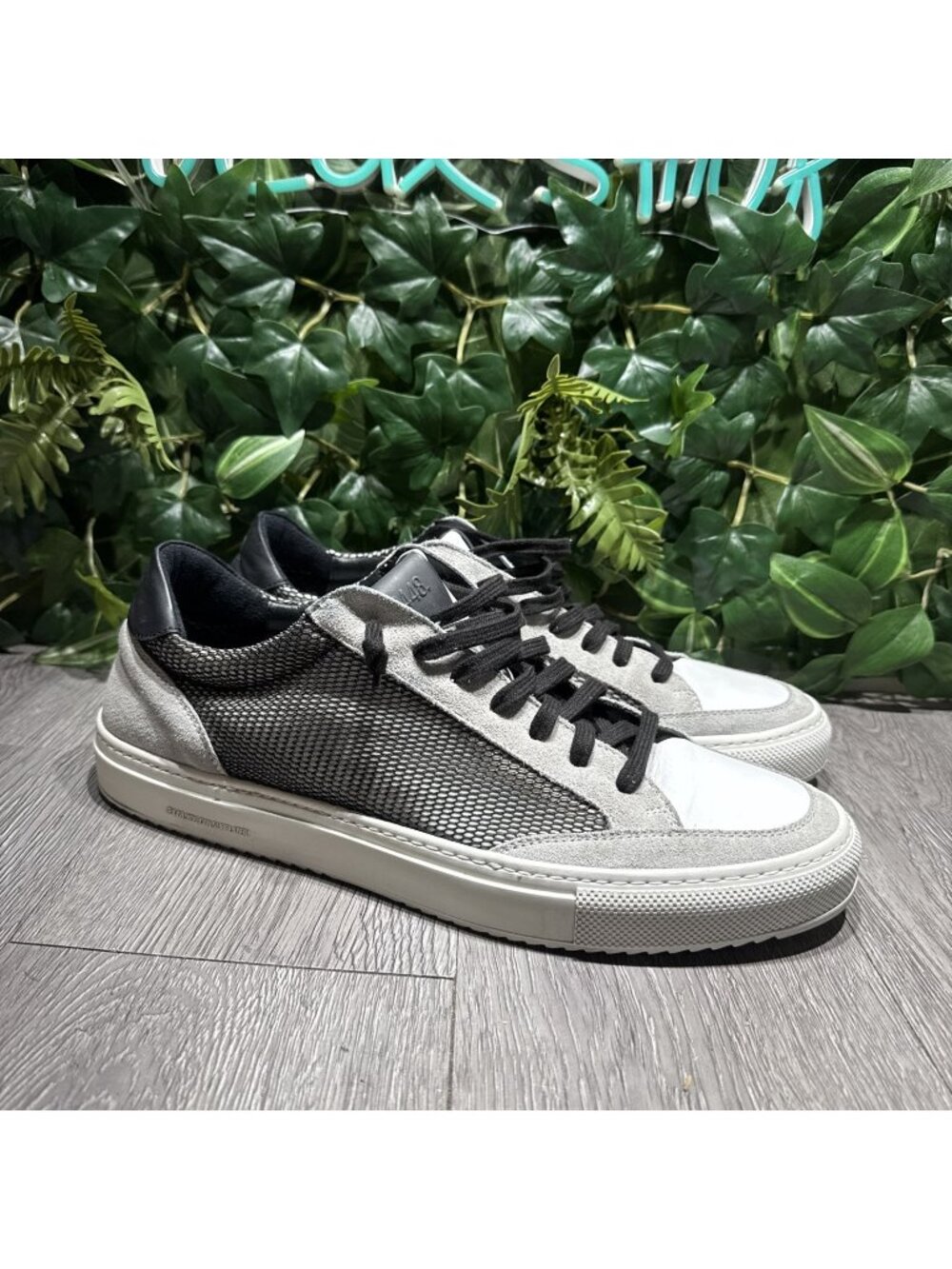 P448 Men’s Soho Sneaker, Italian Leather, Black/Gray, Men's Size 13 Euro 47